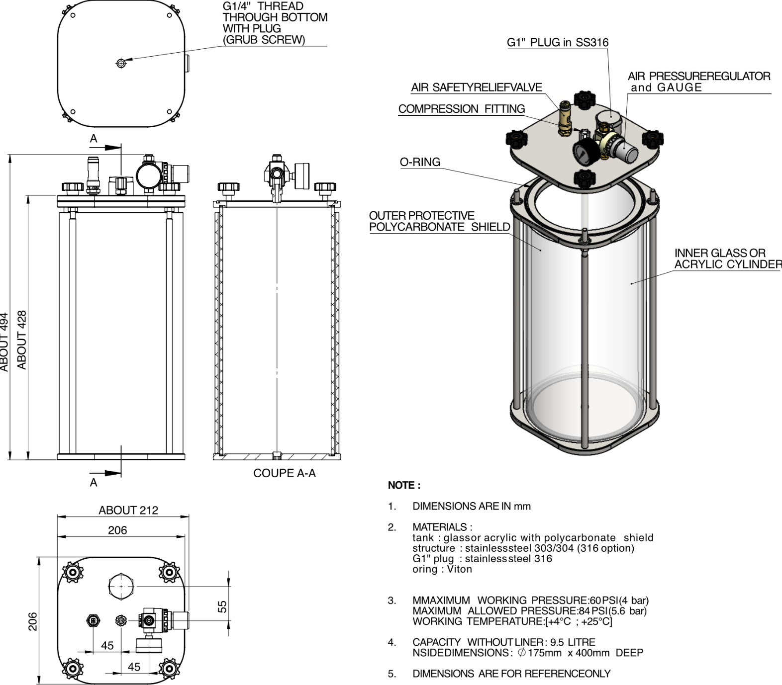 10L čirý tlakový zásobník s mícháním – akrylátový plášť + nerez 304